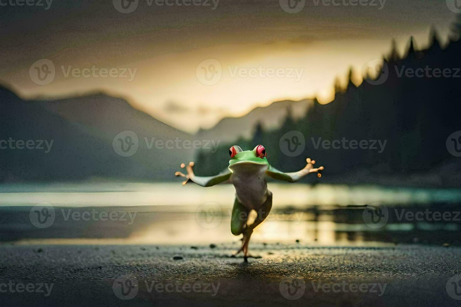 a frog jumping on the beach at sunset. AI-Generated photo