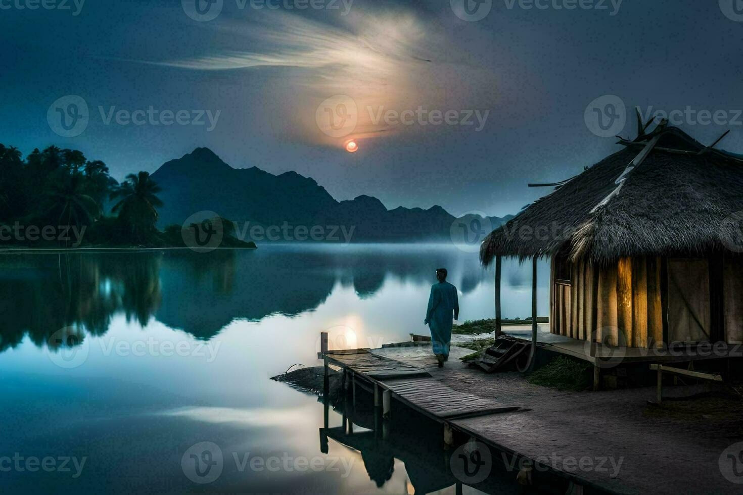 a man stands on a dock looking at the moon over a lake. AI-Generated photo