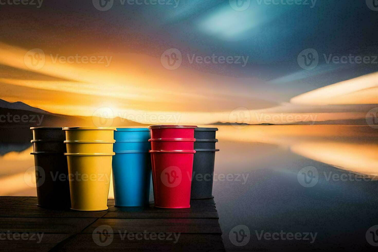 colorful cups sitting on a dock at sunset. AI-Generated photo