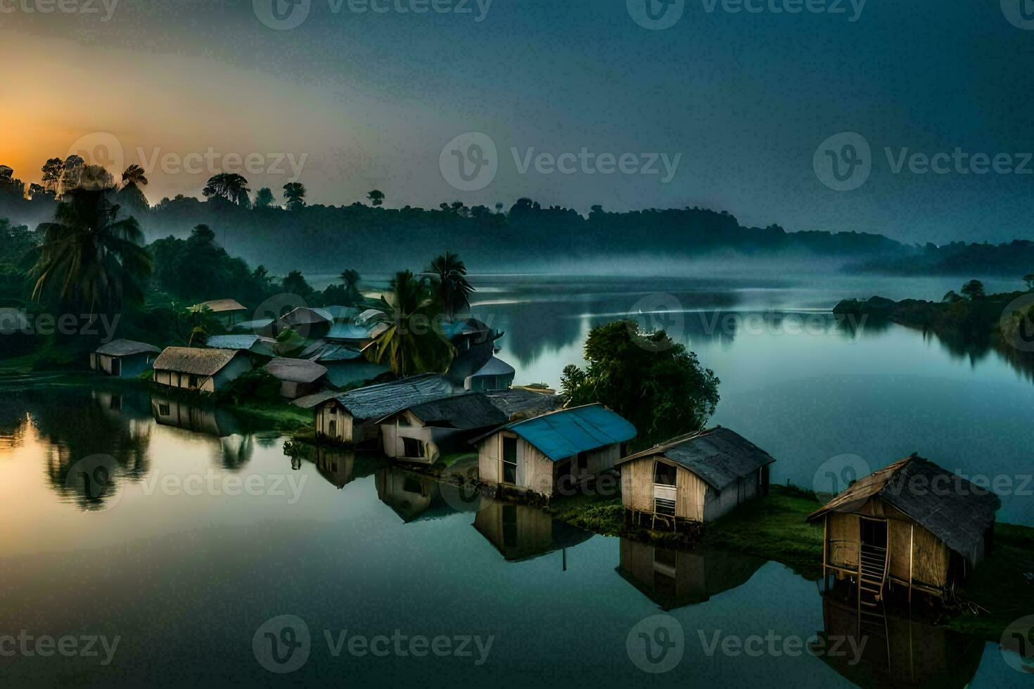 a river with houses on it at sunrise. AI-Generated photo