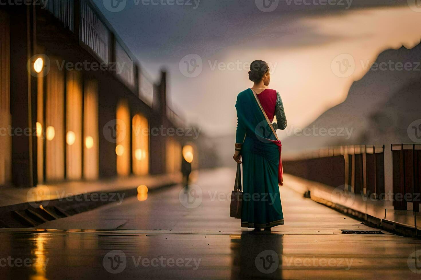 a woman in a sari walks down a walkway at night. AI-Generated photo