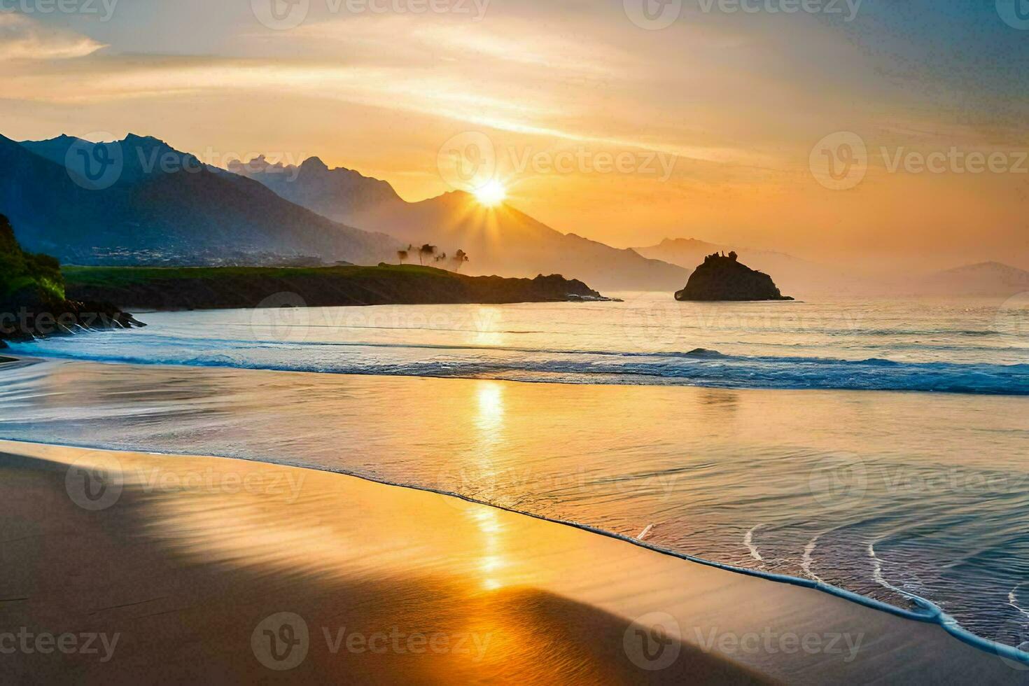 el Dom conjuntos terminado el Oceano y montañas en esta hermosa foto. generado por ai foto