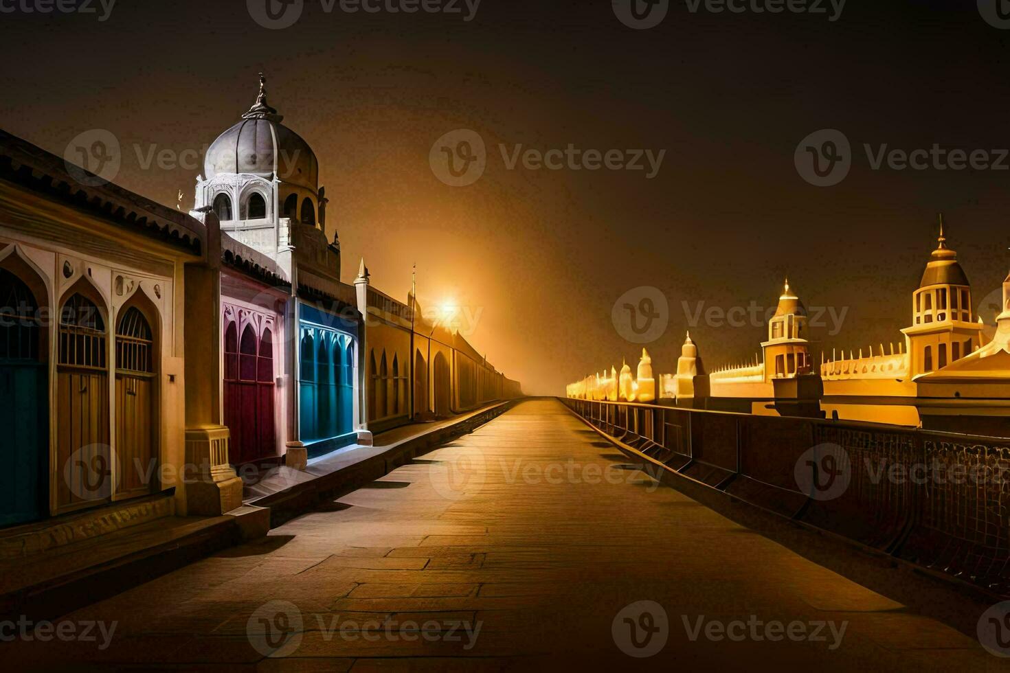 a long walkway with a bridge and buildings at night. AI-Generated photo