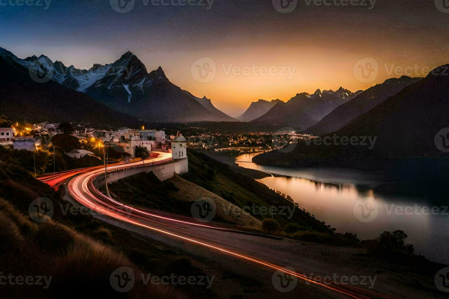 el la carretera a el lago. generado por ai foto