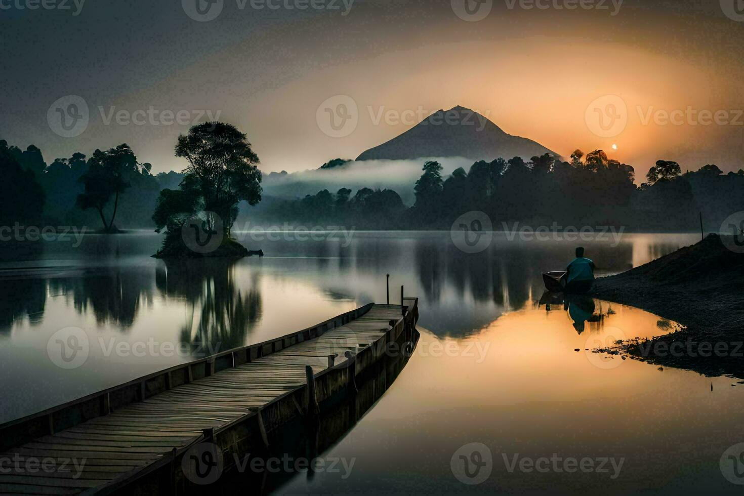 un hombre soportes en un muelle a amanecer con un montaña en el antecedentes. generado por ai foto