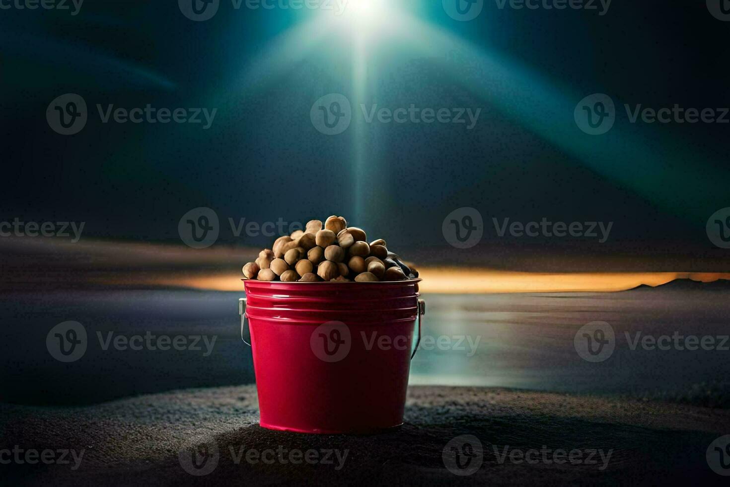 a bucket filled with nuts on the beach. AI-Generated photo