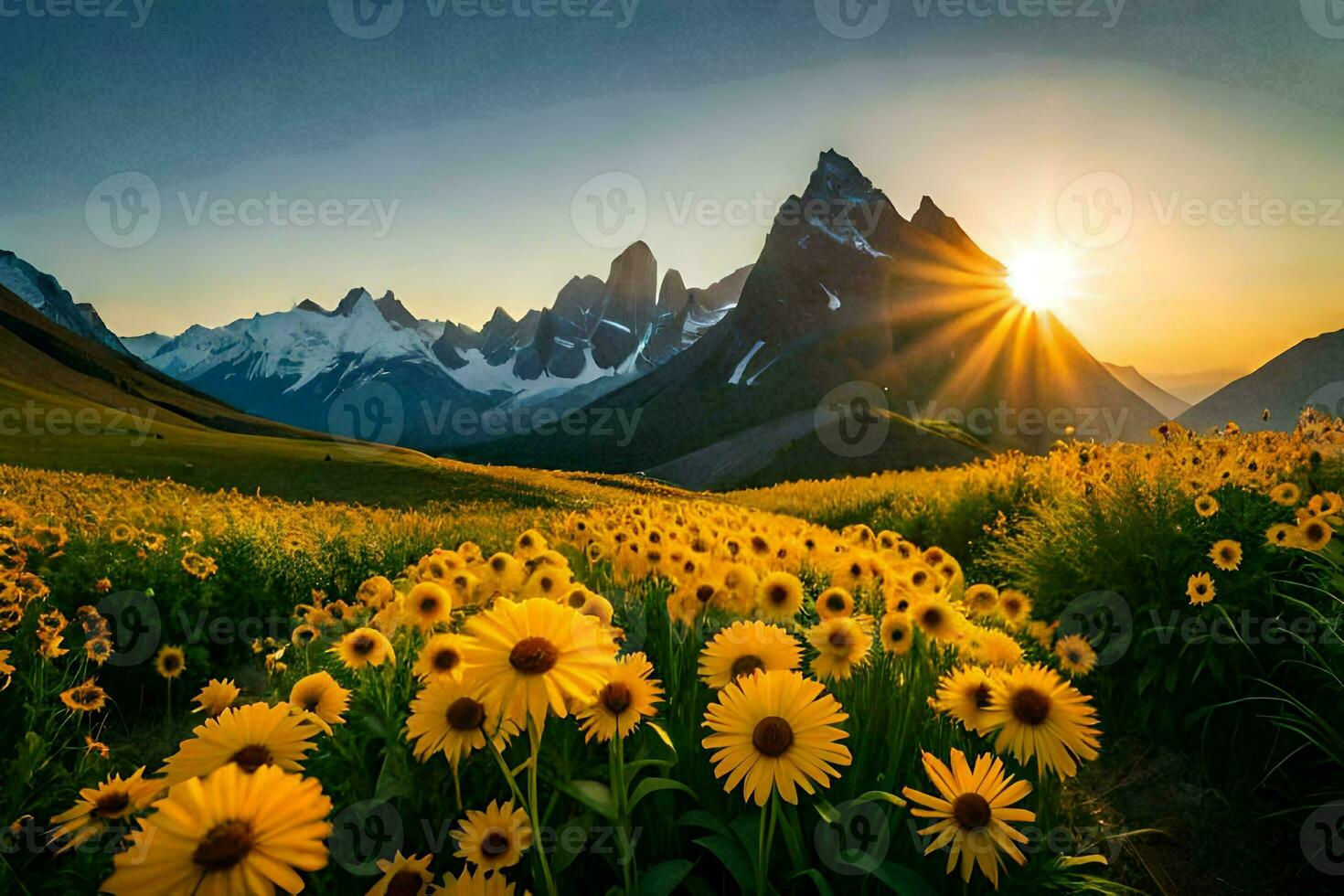 the sun rises over the mountains and sunflowers in the foreground. AI-Generated photo