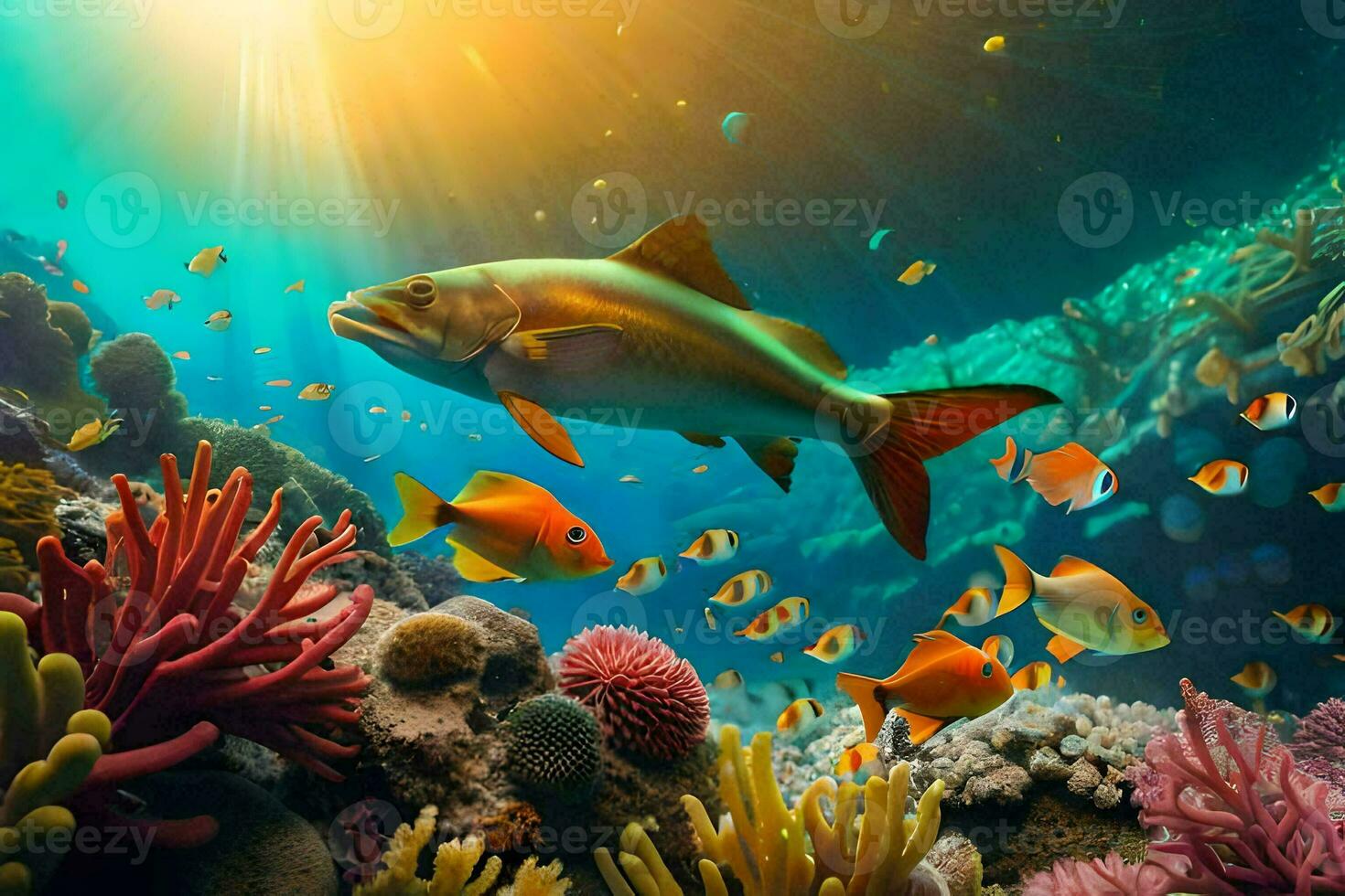 fish swimming in the ocean with coral reefs and other fish. AI-Generated photo