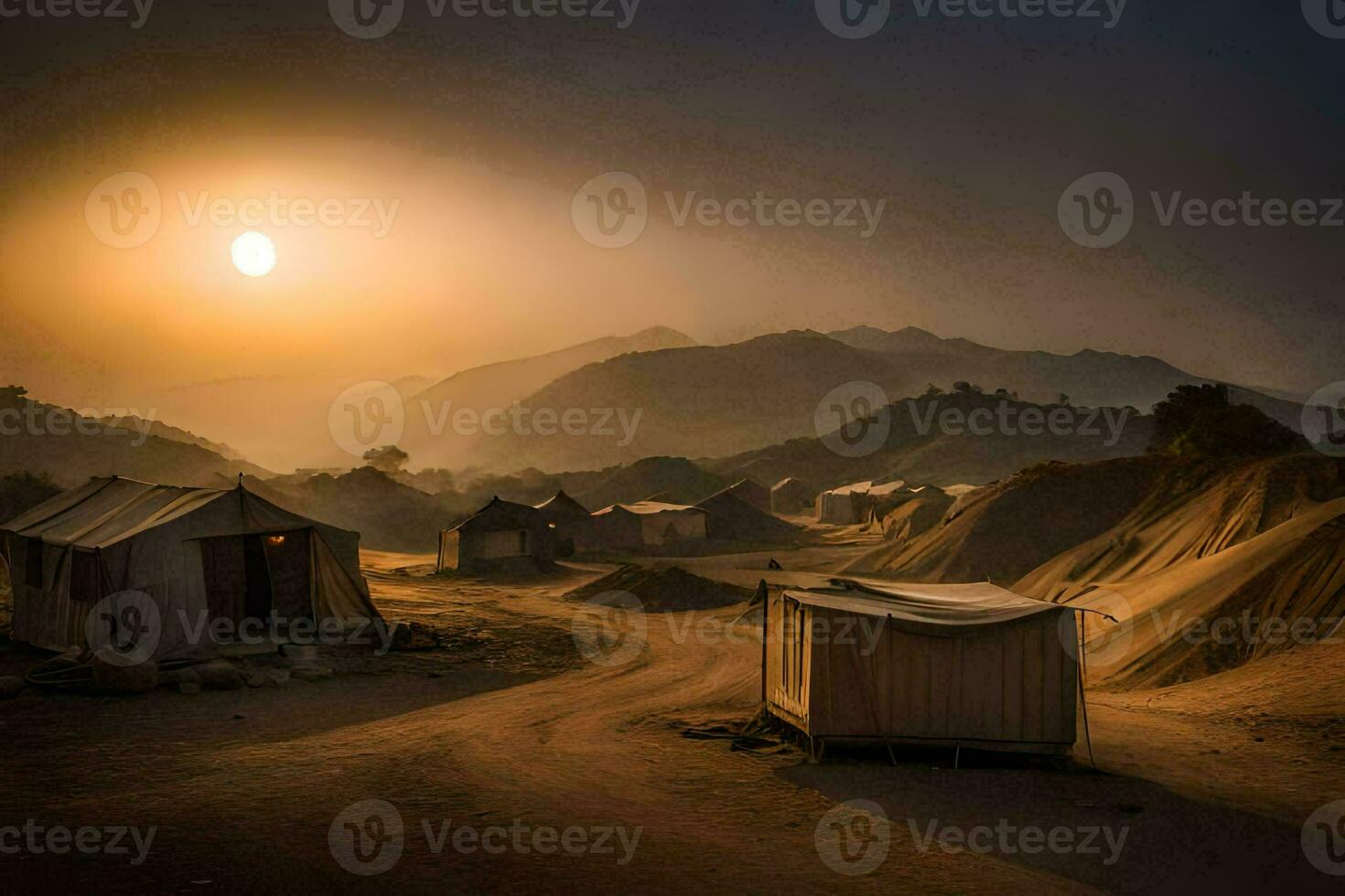 the sun sets over tents in the desert. AI-Generated photo