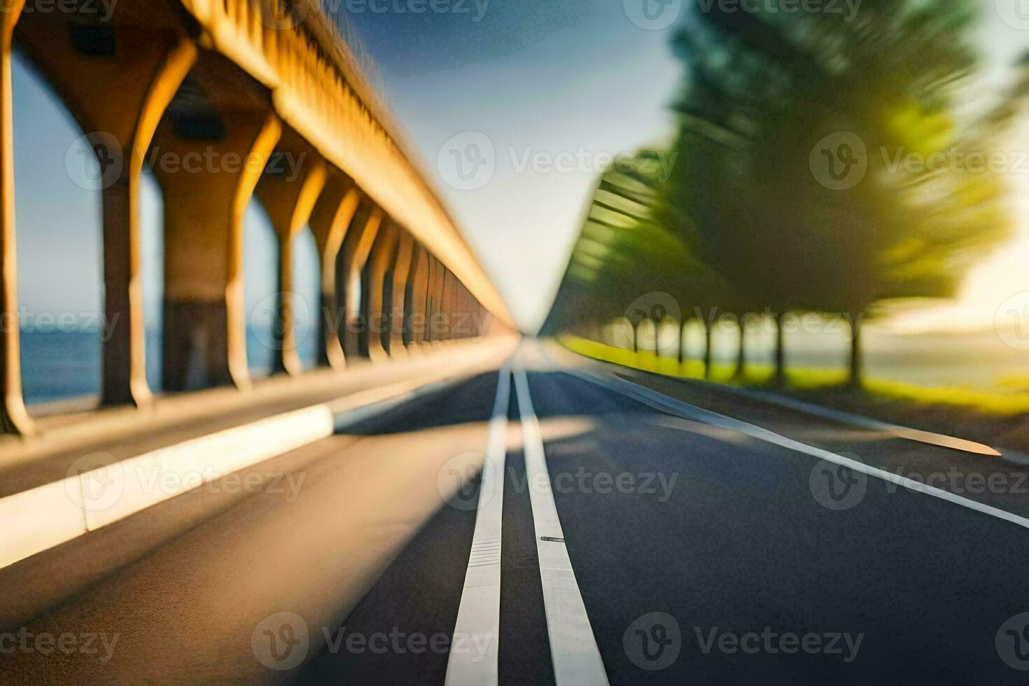 a blurry image of a road with trees and a bridge. AI-Generated photo