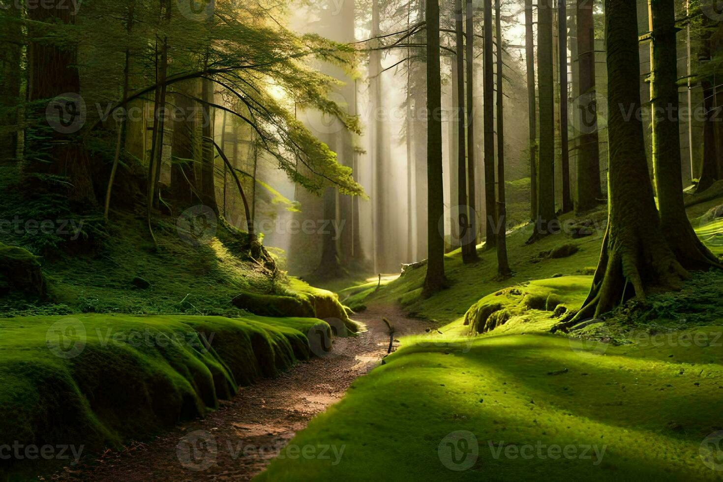 a path through a green forest with sunlight shining through the trees. AI-Generated photo