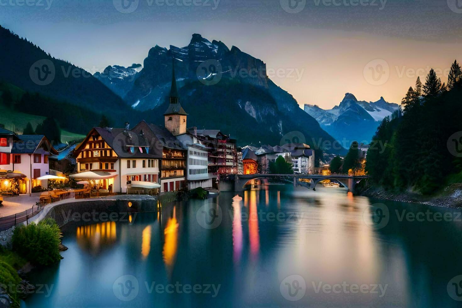 the town of switzerland is lit up at dusk. AI-Generated photo