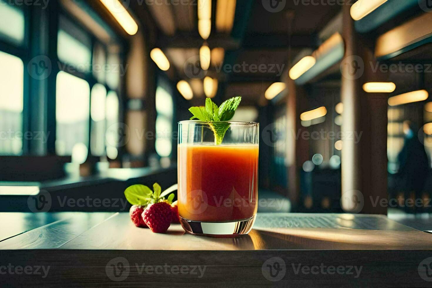 a glass of juice with strawberries on a table. AI-Generated photo