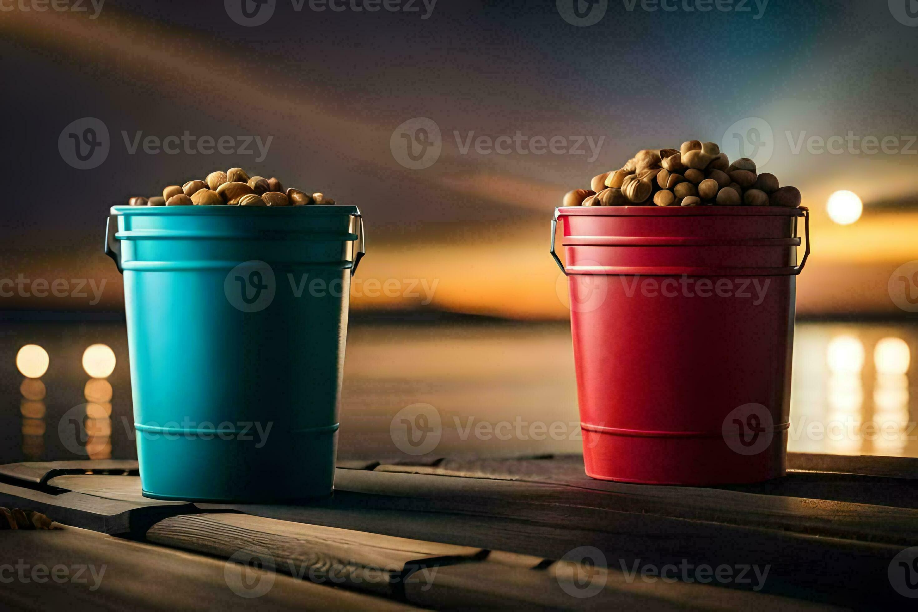 two buckets of nuts on a dock. AIGenerated 33450718 Stock Photo at