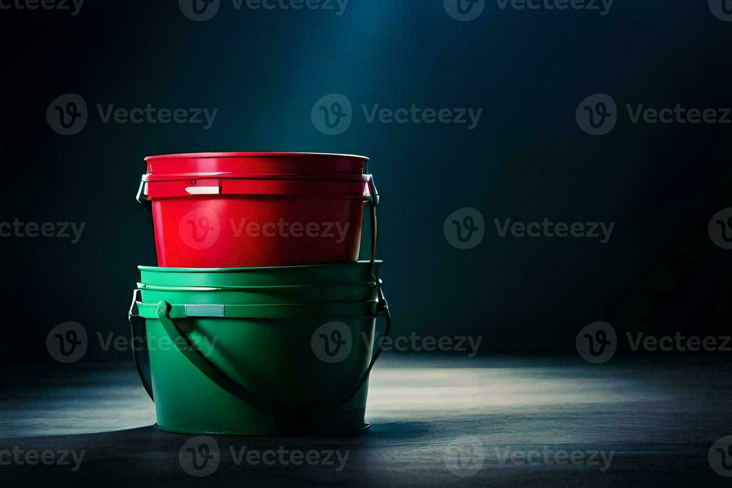 two red and green buckets on a dark background. AI-Generated photo