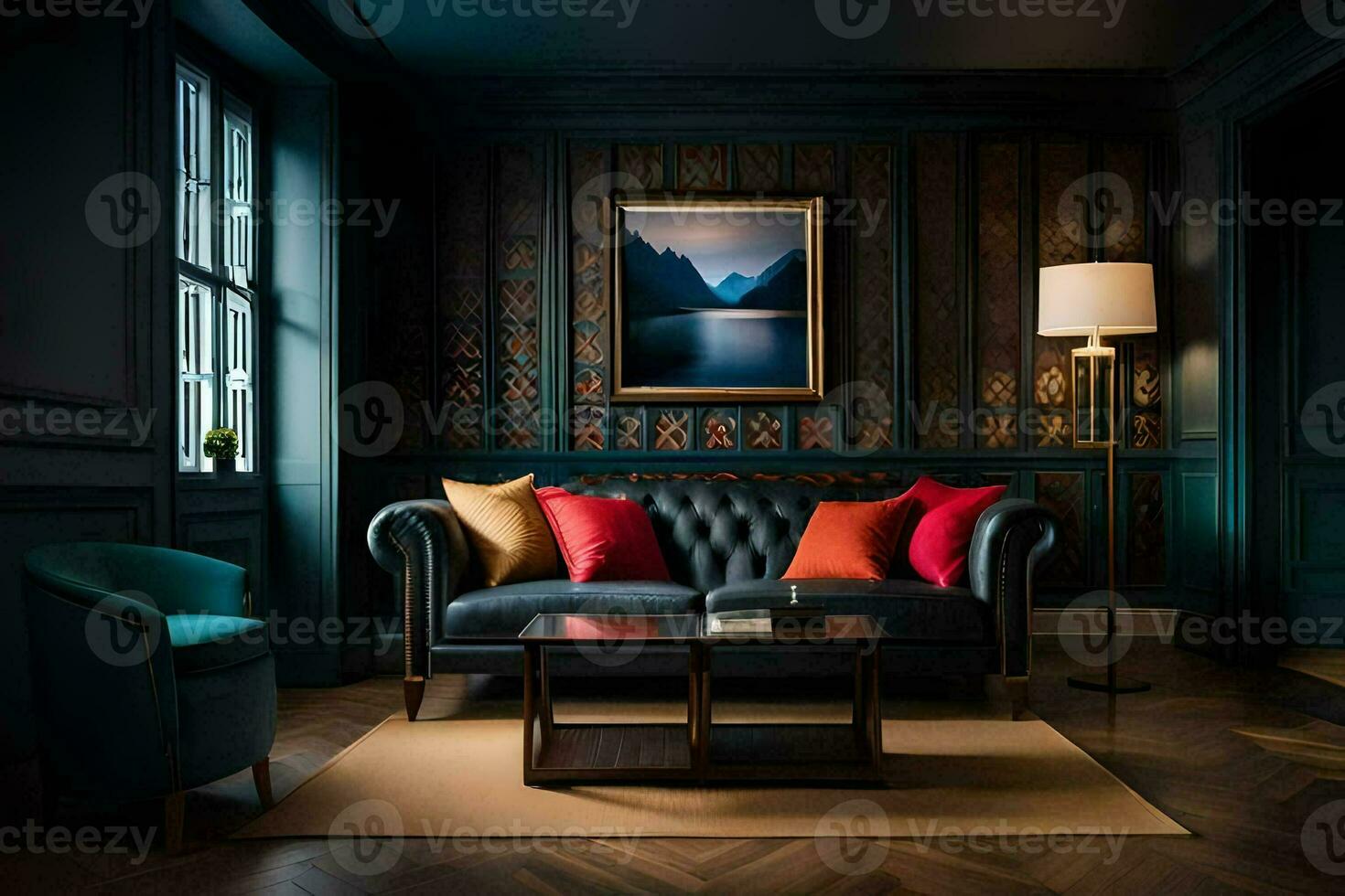 a dark room with a leather couch and a painting on the wall. AI-Generated photo