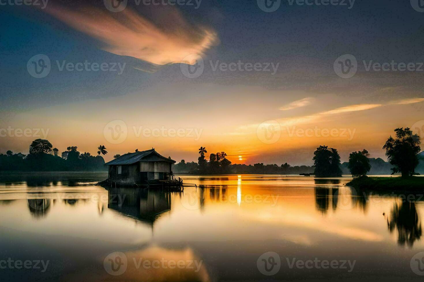 a small house on the water at sunset. AI-Generated photo