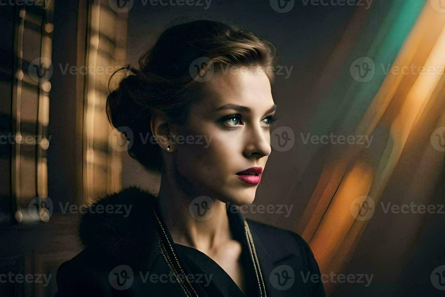 a woman with a black jacket and pink lipstick. AI-Generated photo