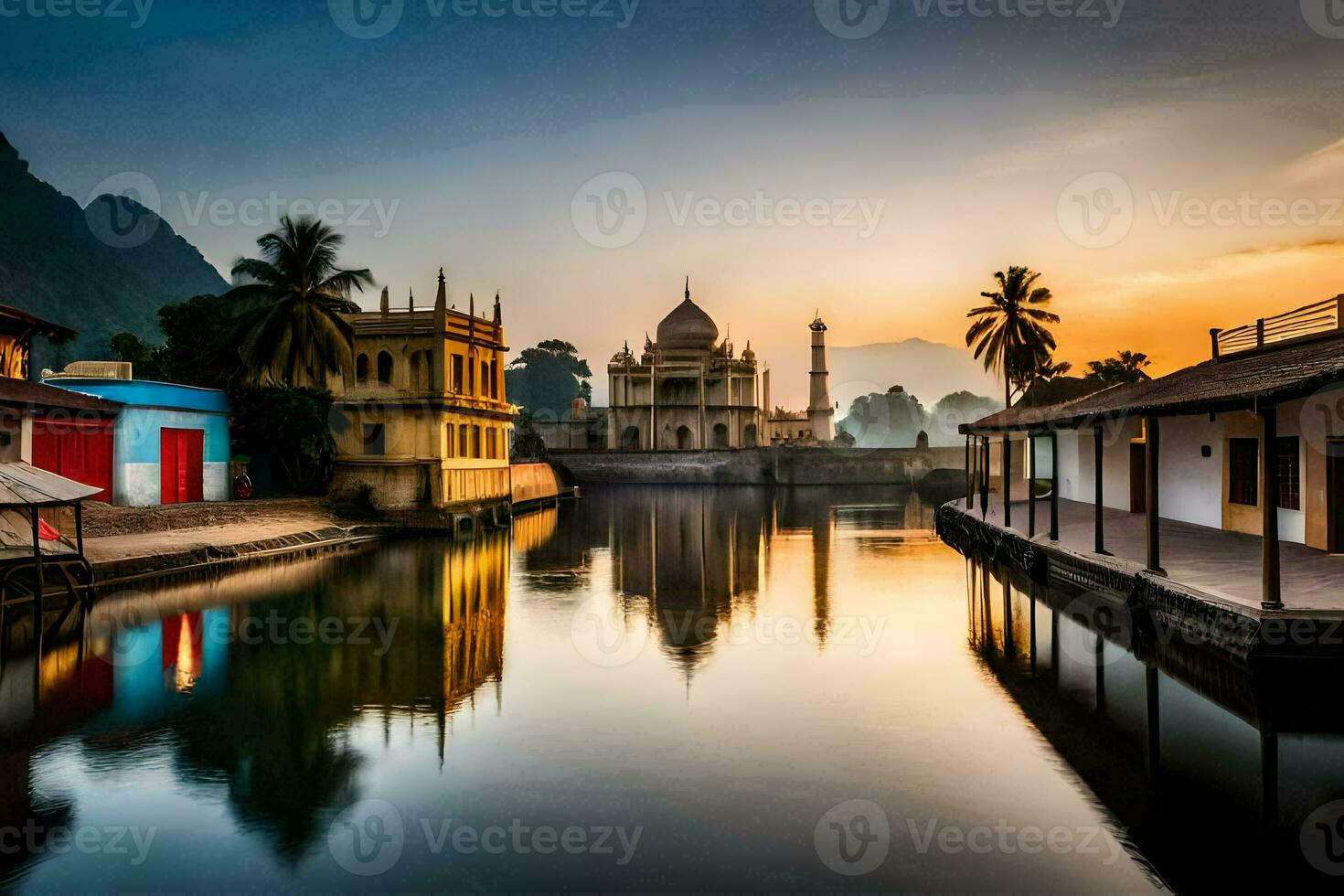 the sun sets over a lake in india. AI-Generated photo