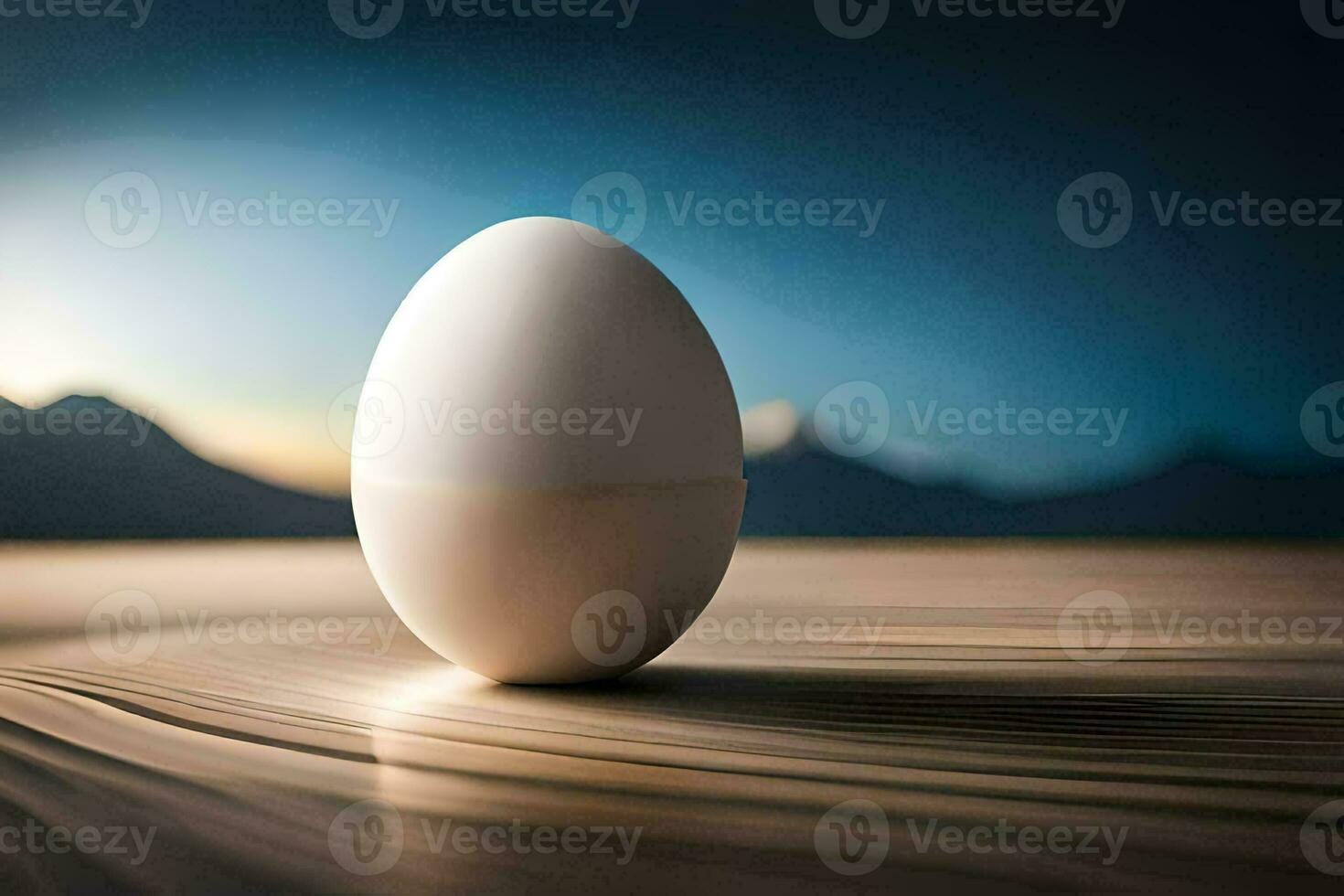 an egg on a table with mountains in the background. AI-Generated photo