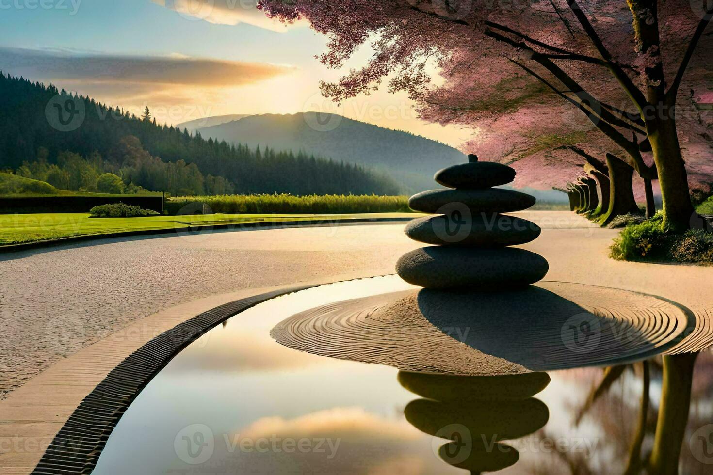 a stone stack is sitting in the middle of a pond. AI-Generated photo