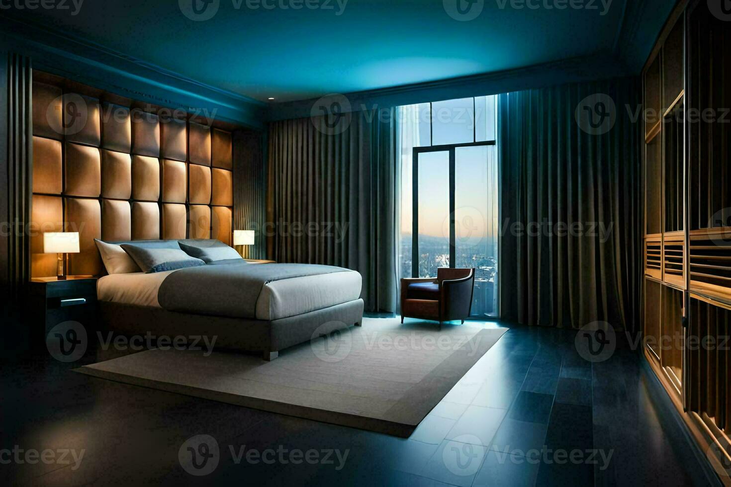 a bedroom with a large bed and a view of the city. AI-Generated photo