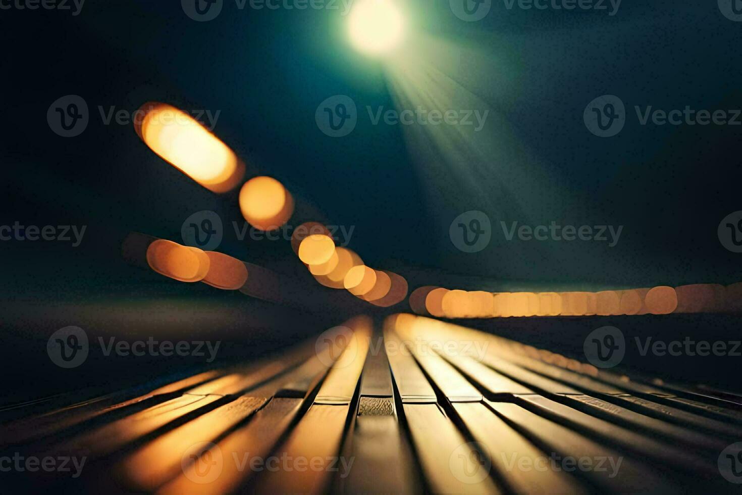 a long wooden bench with lights in the background. AI-Generated photo