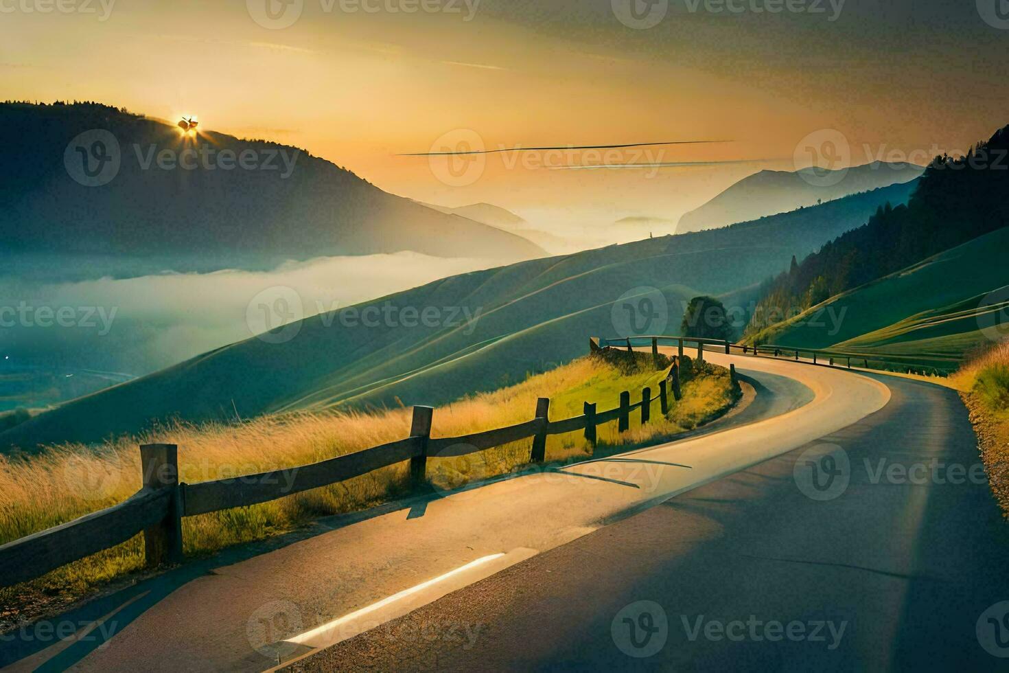 a road in the mountains with a sunset. AI-Generated photo