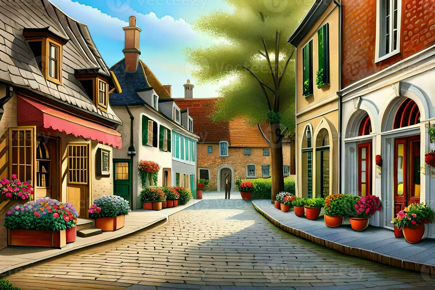 an illustration of a street in a small town. AI-Generated photo