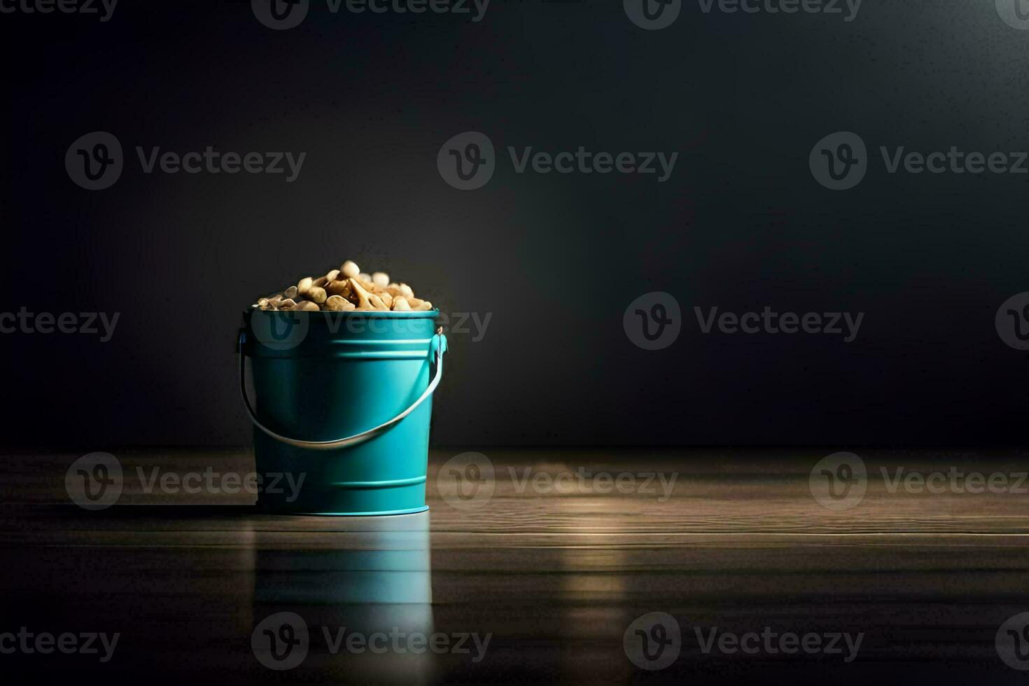 a bucket of popcorn on a table. AI-Generated photo