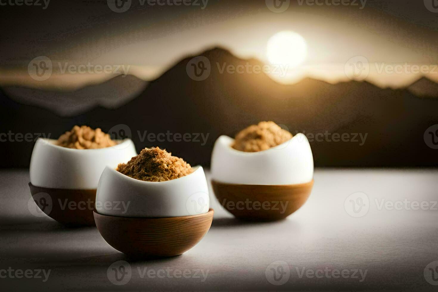three small bowls with brown sugar in them. AI-Generated photo