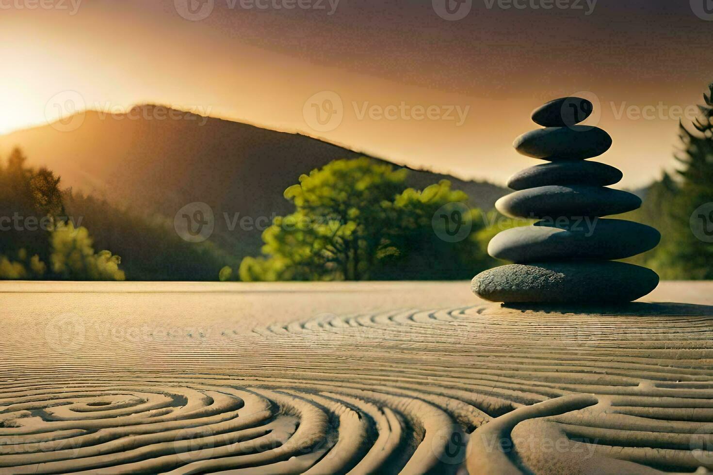 a stack of rocks in the sand with a sunset in the background. AI-Generated photo