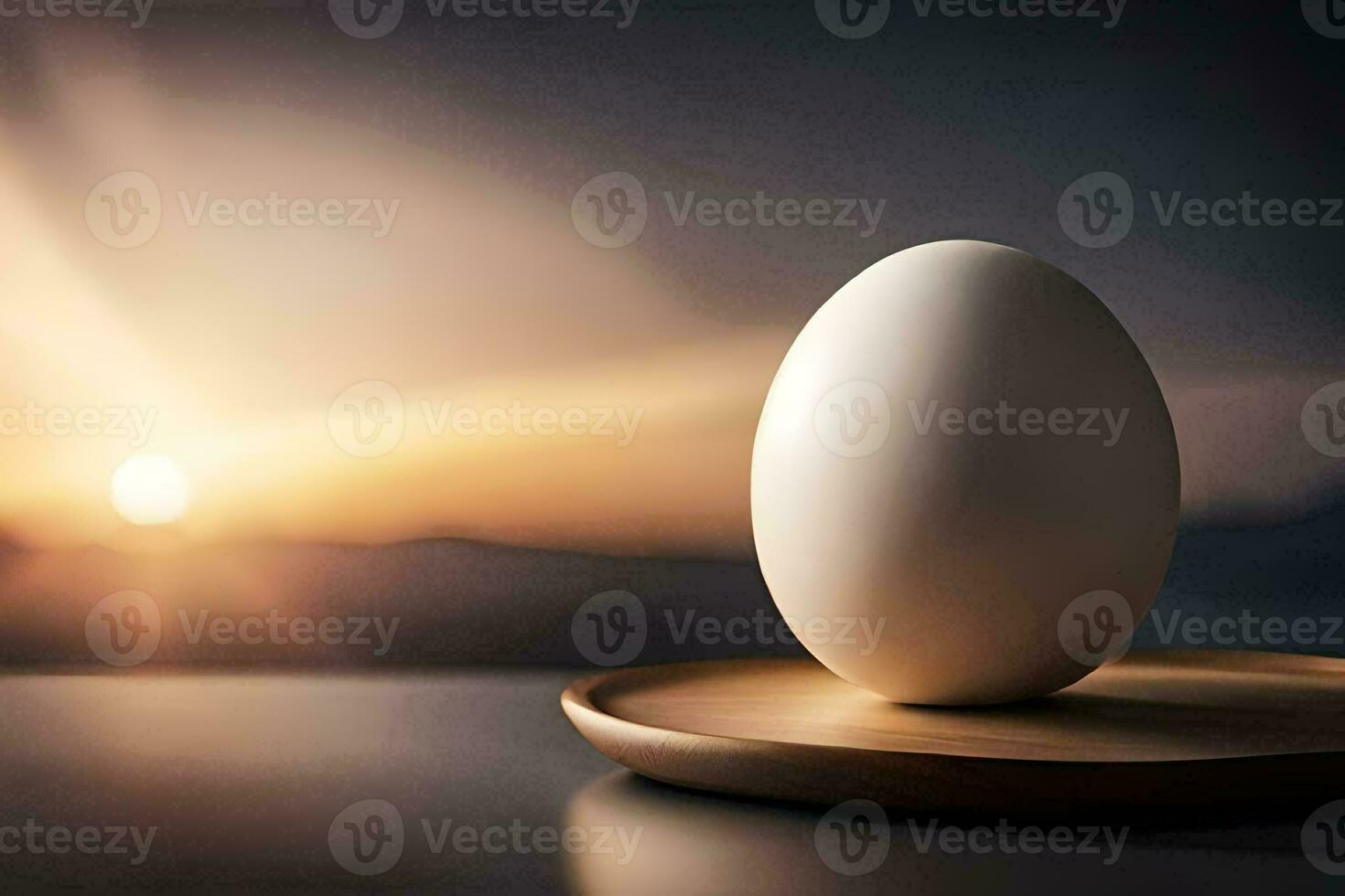 an egg on a wooden tray with the sun in the background. AI-Generated photo