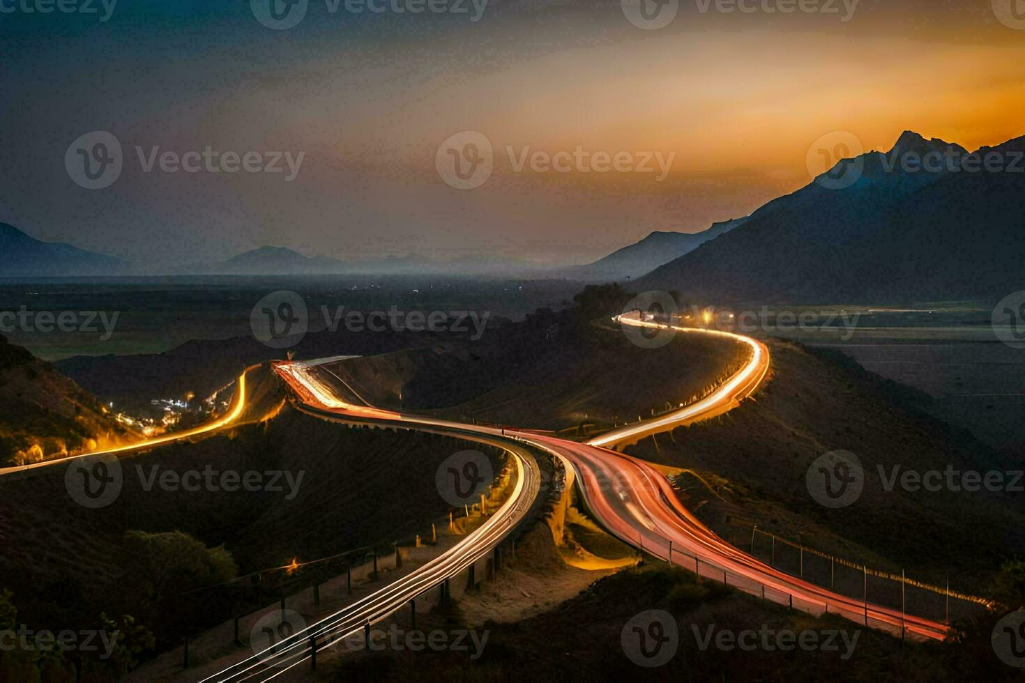 a long exposure photo of a highway at sunset. AI-Generated