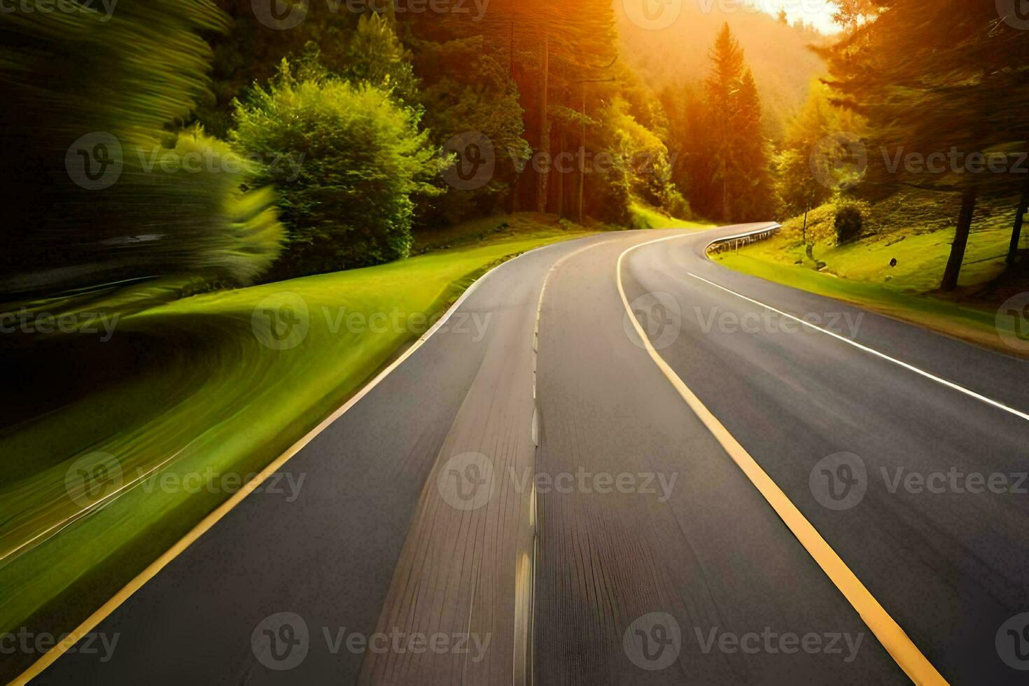a road in the woods with the sun setting. AI-Generated photo