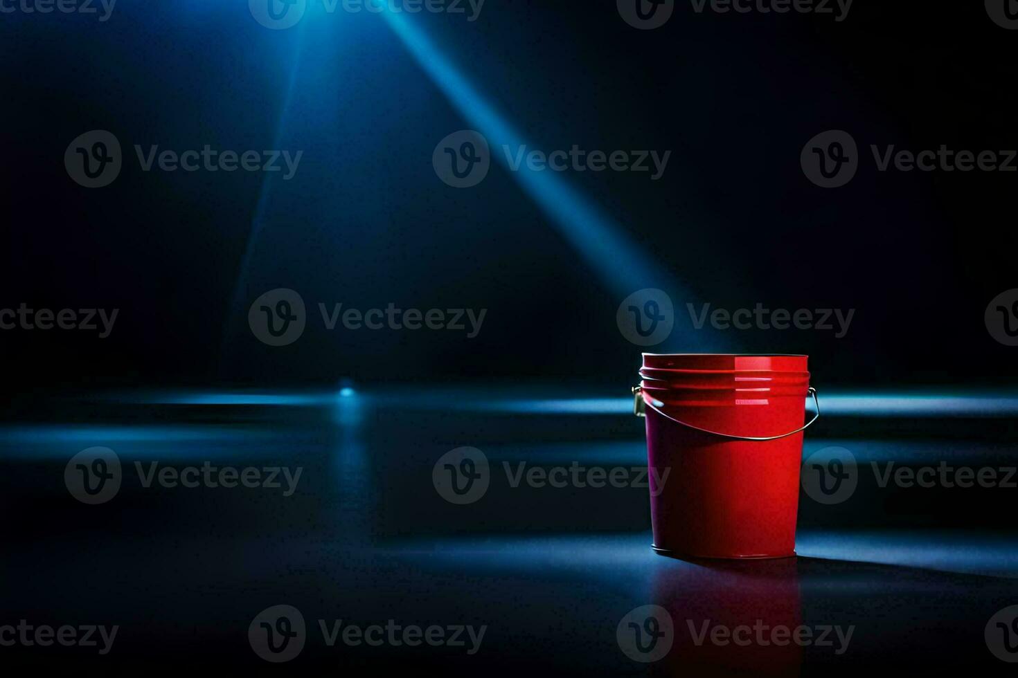 a red bucket on a dark floor with light coming from the top. AI-Generated photo