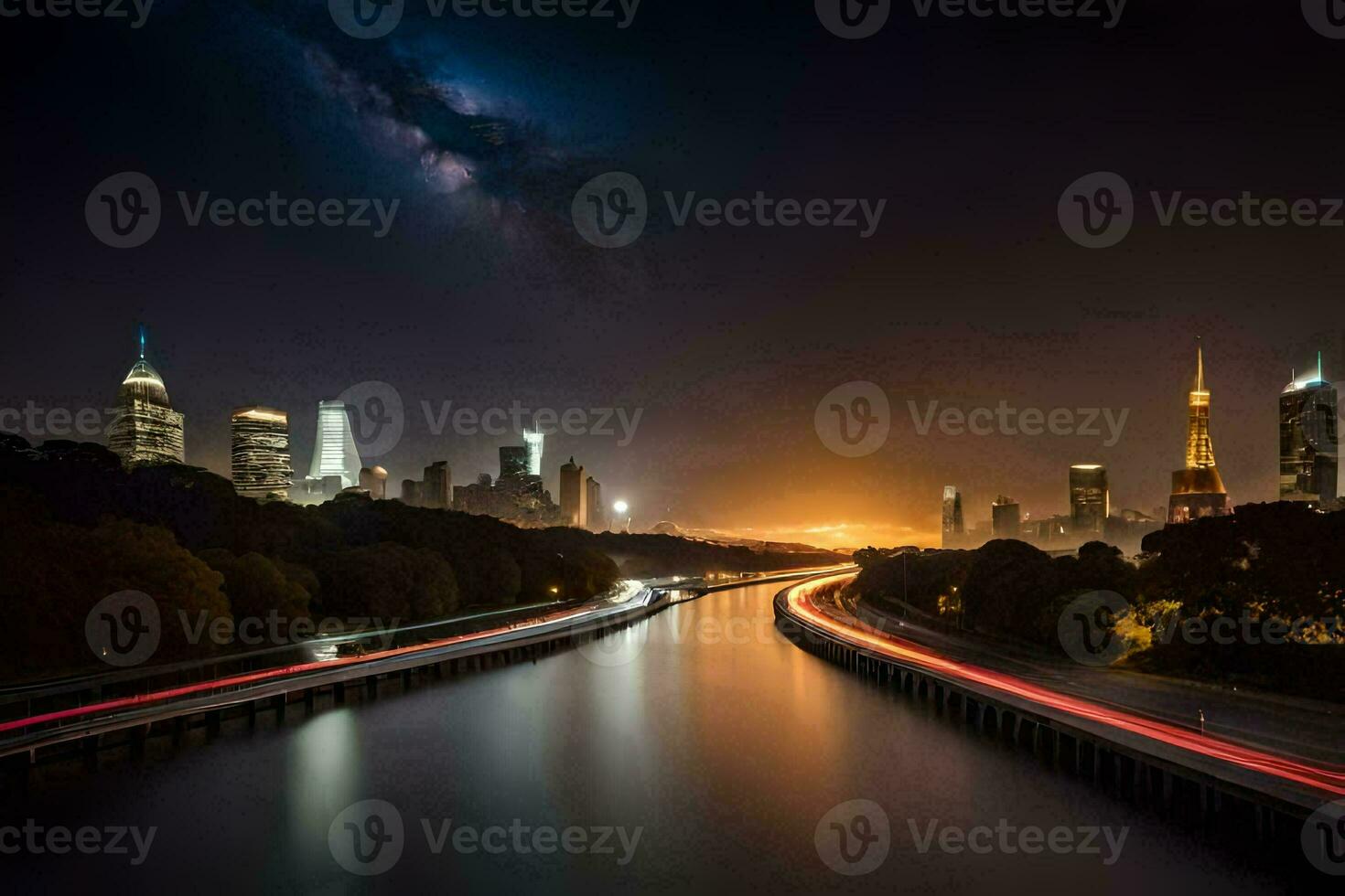 a long exposure photograph of a city skyline at night. AI-Generated photo