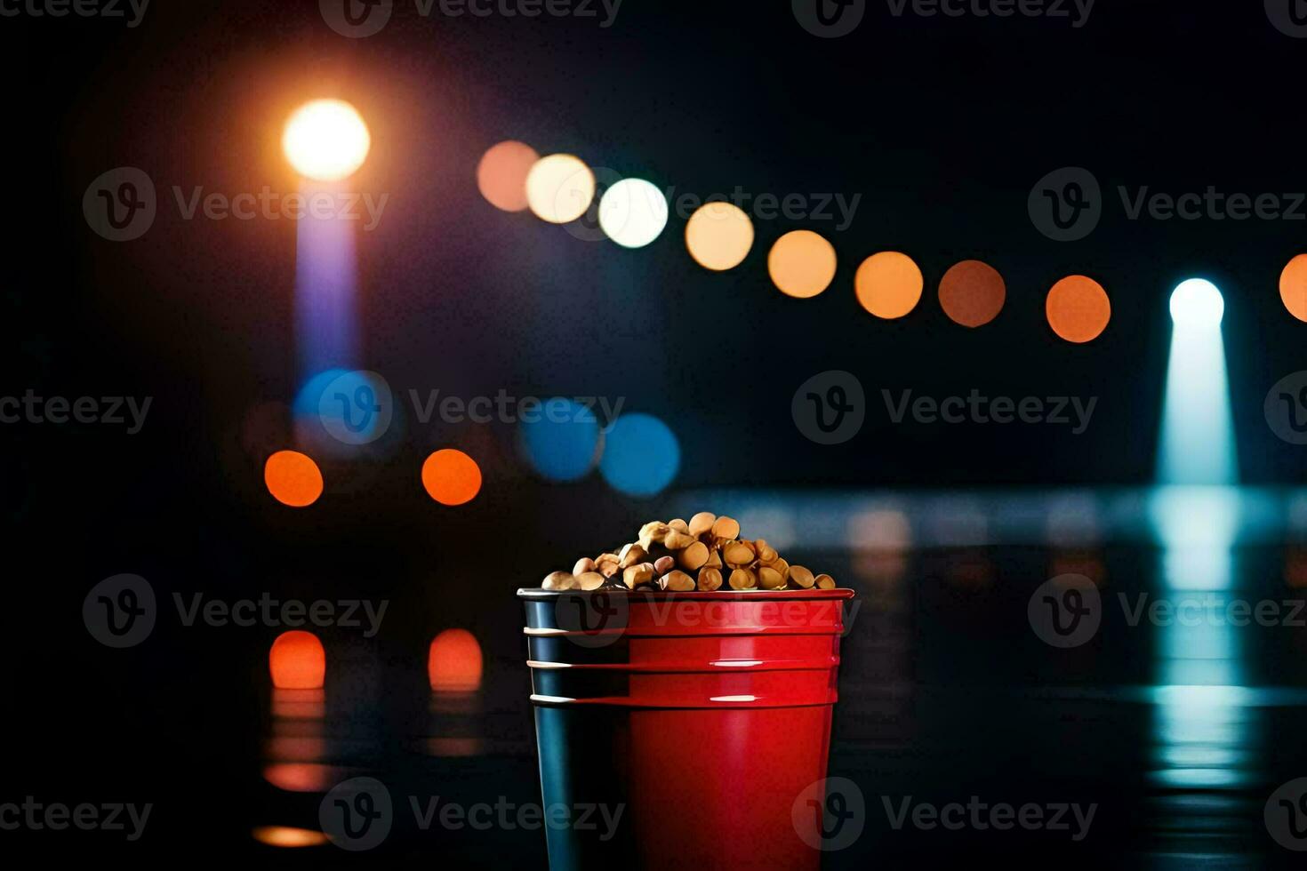 a red bucket filled with popcorn on a dark surface. AI-Generated photo