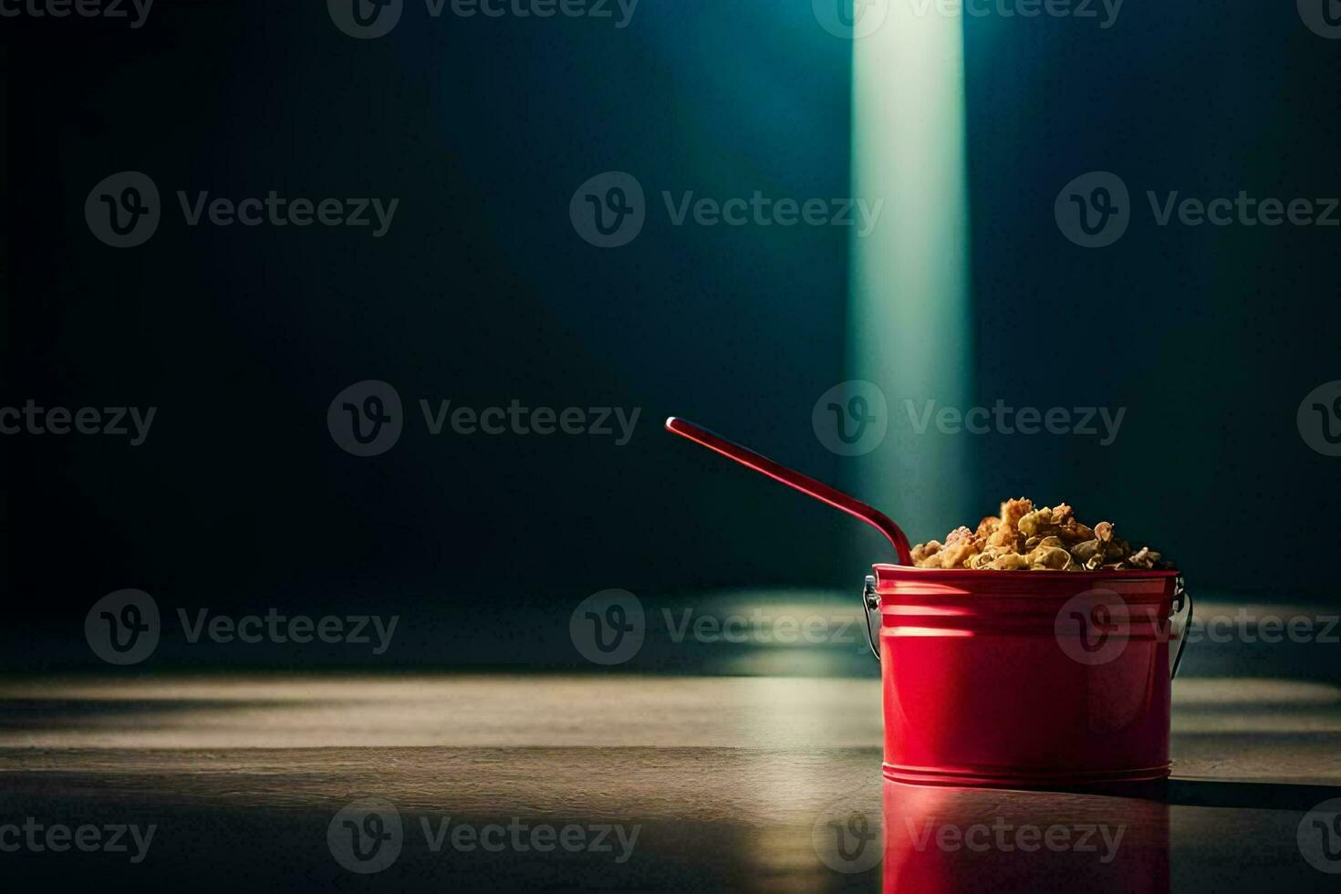 a red bucket with a spoon sitting on a table. AI-Generated photo