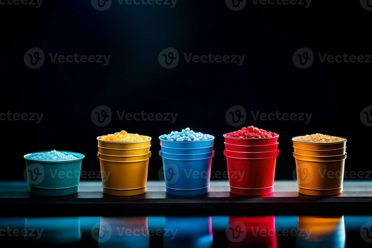 a row of colorful buckets with different colored sugar. AI-Generated photo