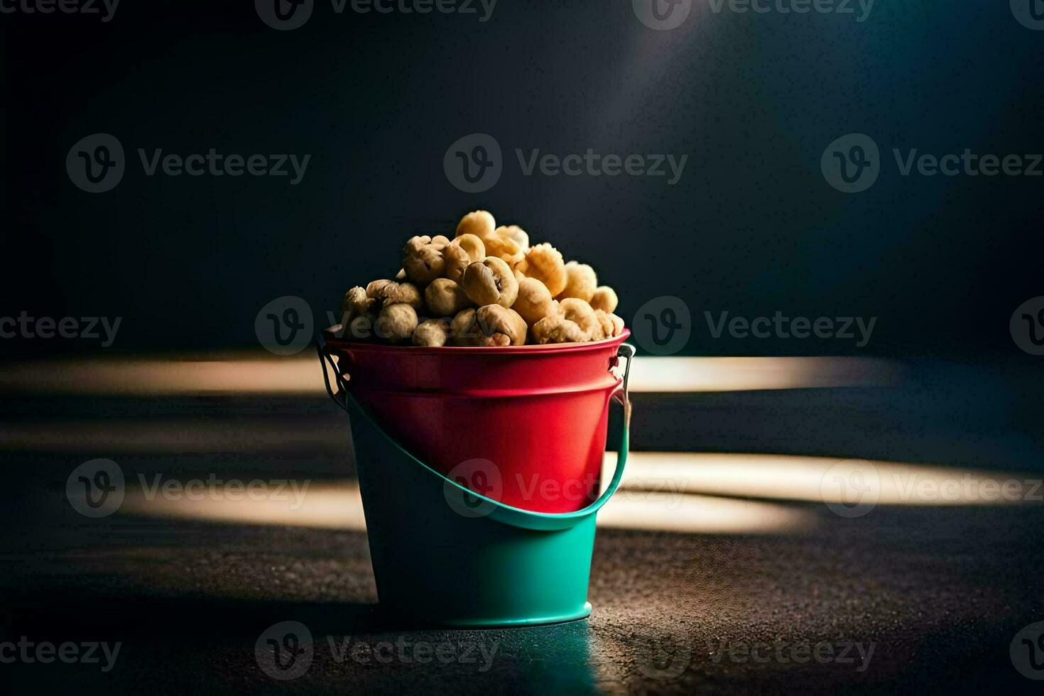 a bucket filled with nuts on a dark background. AI-Generated photo
