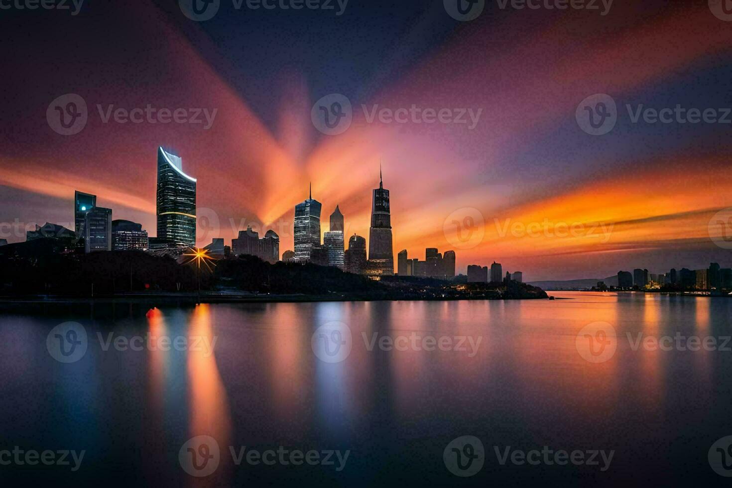 the city skyline at sunset with the sun setting over the water. AI-Generated photo