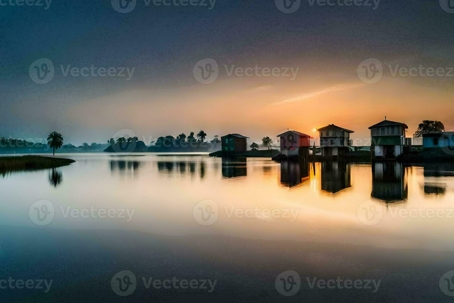 sunset over the water with houses in the background. AI-Generated photo