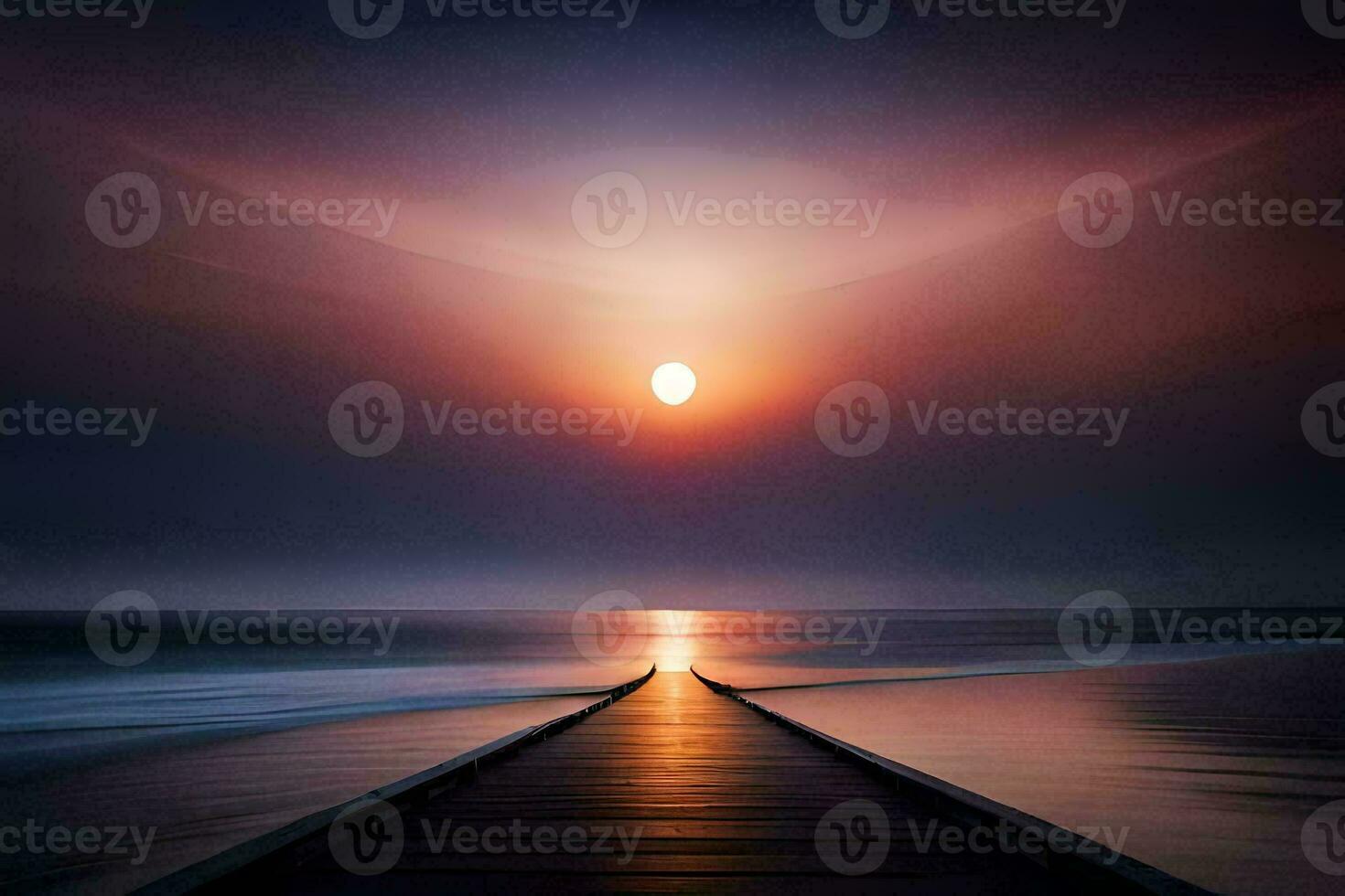 a long wooden pier leads to the ocean at sunset. AI-Generated photo