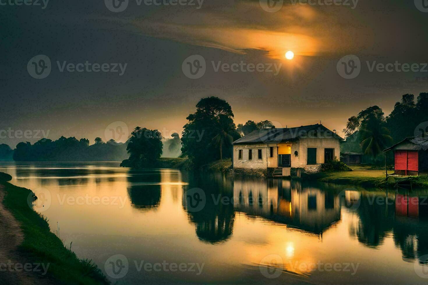 a house sits on the bank of a river at sunset. AI-Generated photo