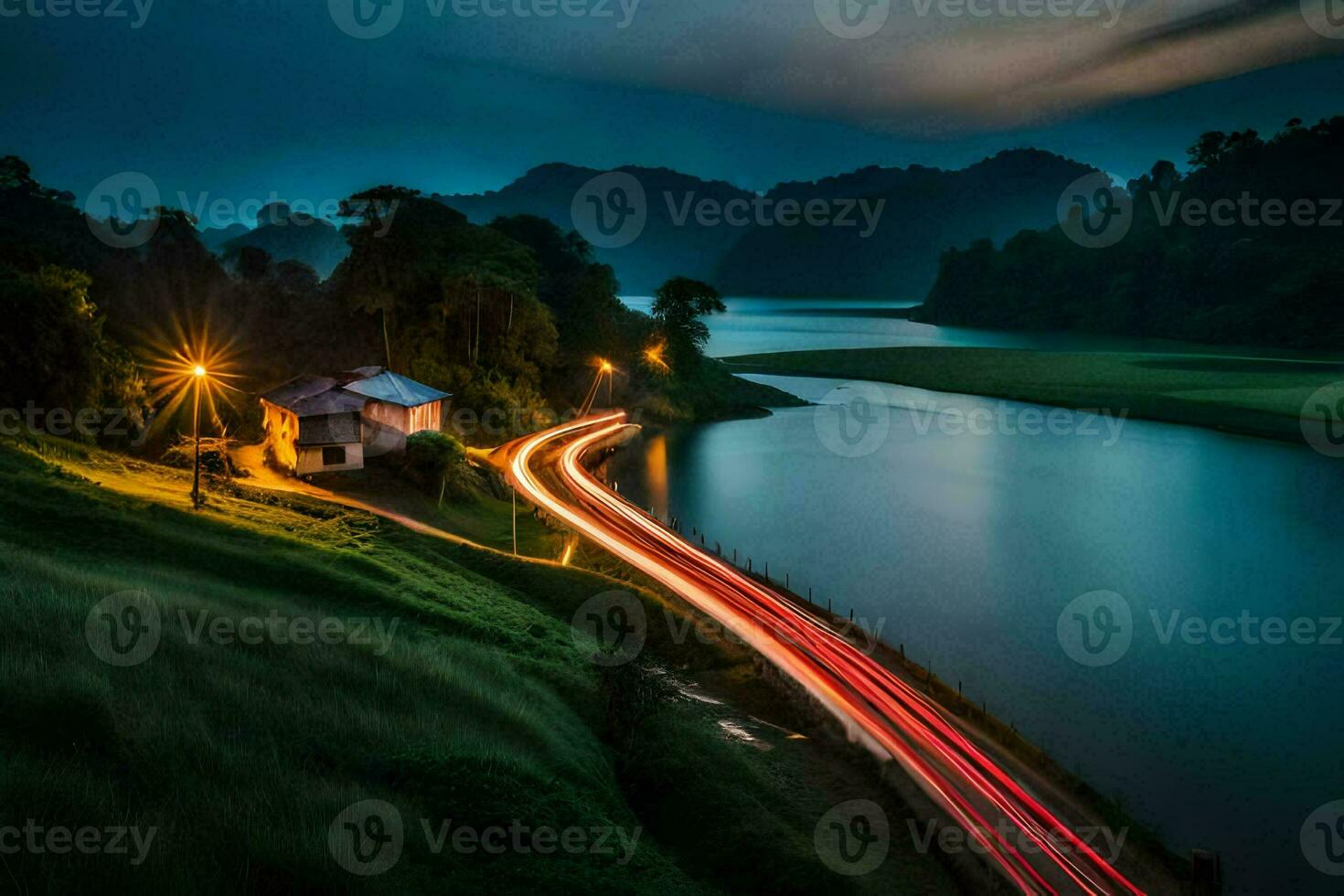 a long exposure photograph of a car driving along a road in the evening. AI-Generated photo