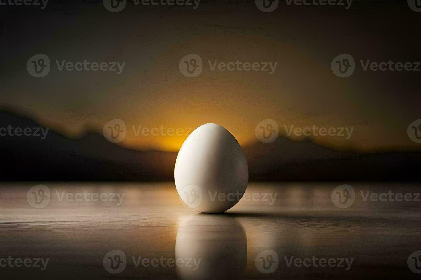 an egg sitting on a table in front of a sunset. AI-Generated photo