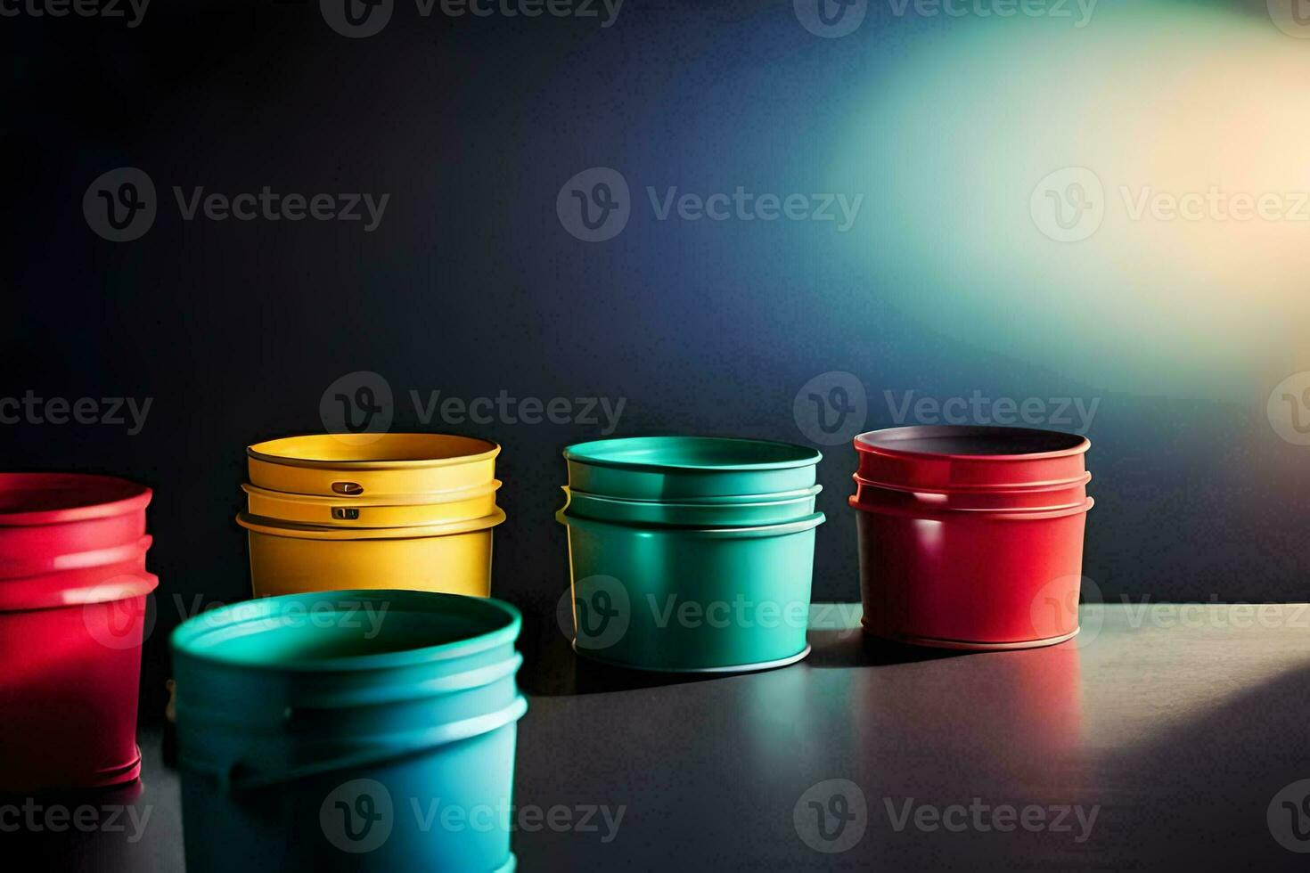 colorful buckets on a dark table. AI-Generated photo
