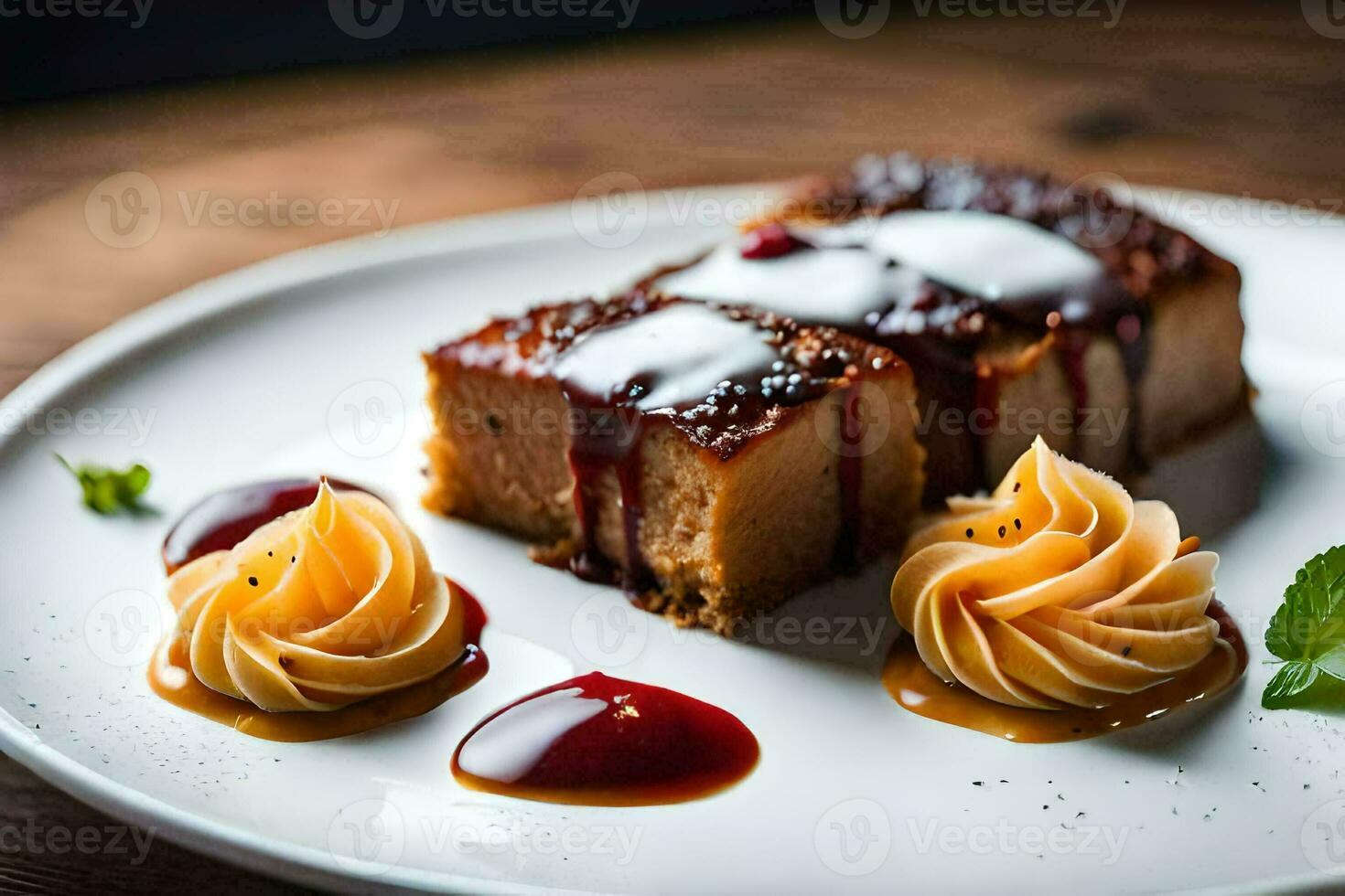 a piece of cake on a plate with sauce. AI-Generated photo