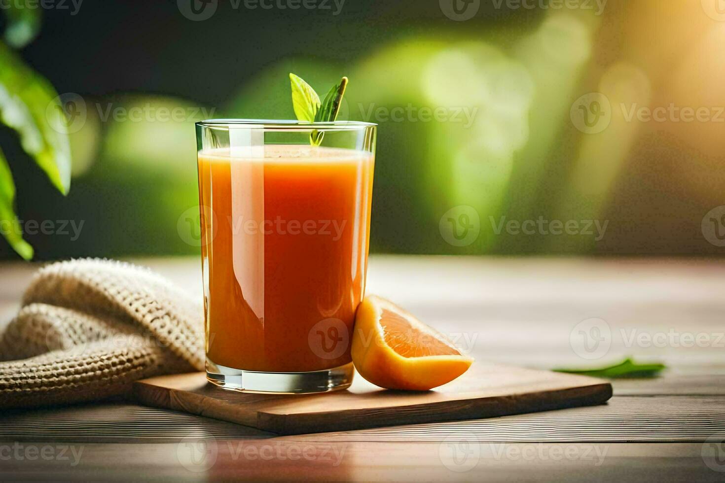 a glass of orange juice on a wooden table. AI-Generated photo